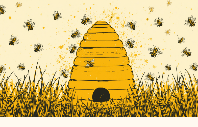 Colmeia da Beehive em um campo florido com abelhas